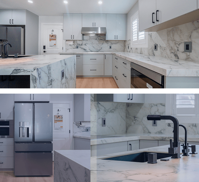 multiple view of a white marble kitchen in Belmont, CA