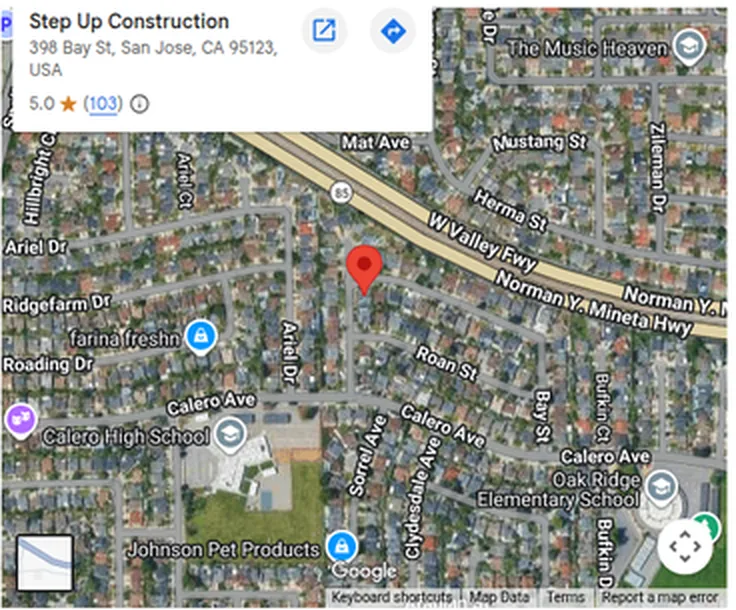 Map showing Step Up Construction at 398 Bay St, San Jose, CA