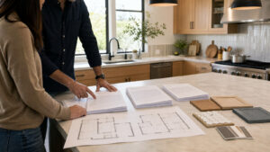 Homeowner and remodeling consultant comparing San Jose kitchen remodel bids