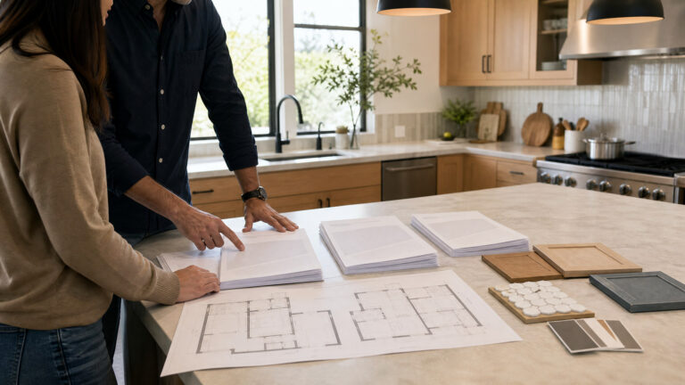 Homeowner and remodeling consultant comparing San Jose kitchen remodel bids